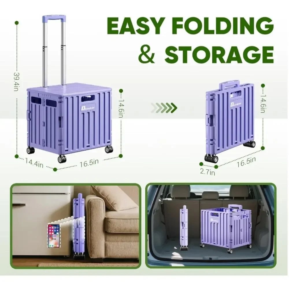 Folding Utility Cart Rolling Collapsible Shopping Crate Purple